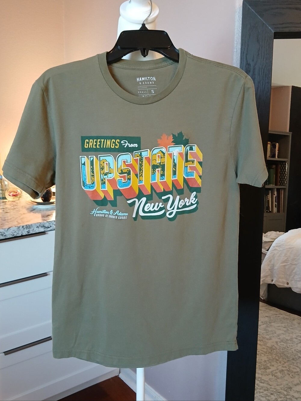 Upstate NY T-shirt Tee Sz Mens S Hamilton & Adams Olive Green Short Sleeve